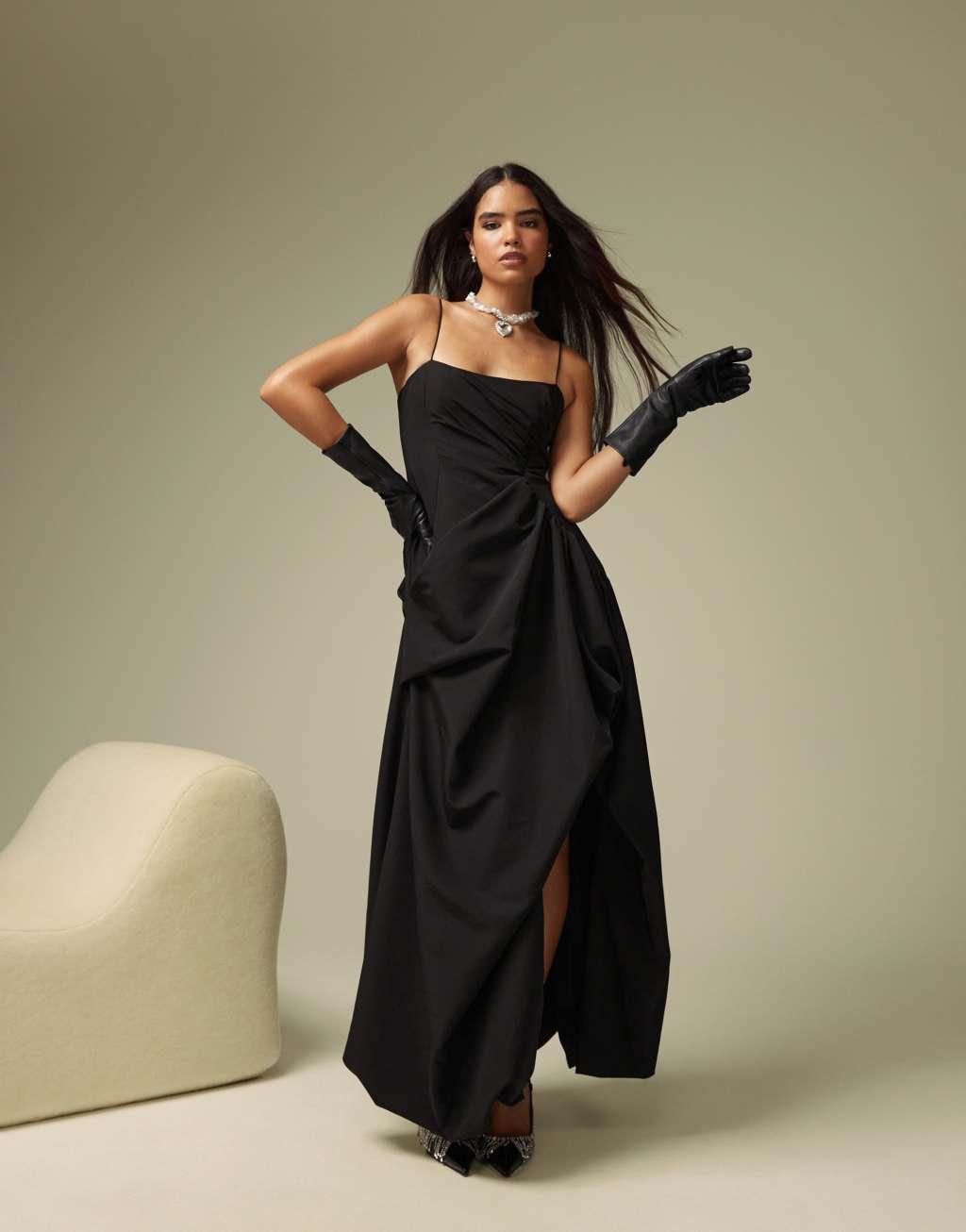 ASOS DESIGN cat eye high low puffball maxi dress in black Product Image