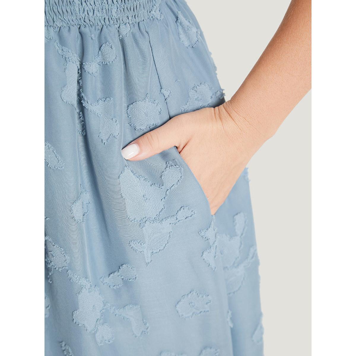 Plus Size Solid Textured Ruffle Pocket Shirred Waist Dress Stone Women Elegant Lined V-neck Short sleeve Curvy Midi Dress BloomChic 10/M Product Image