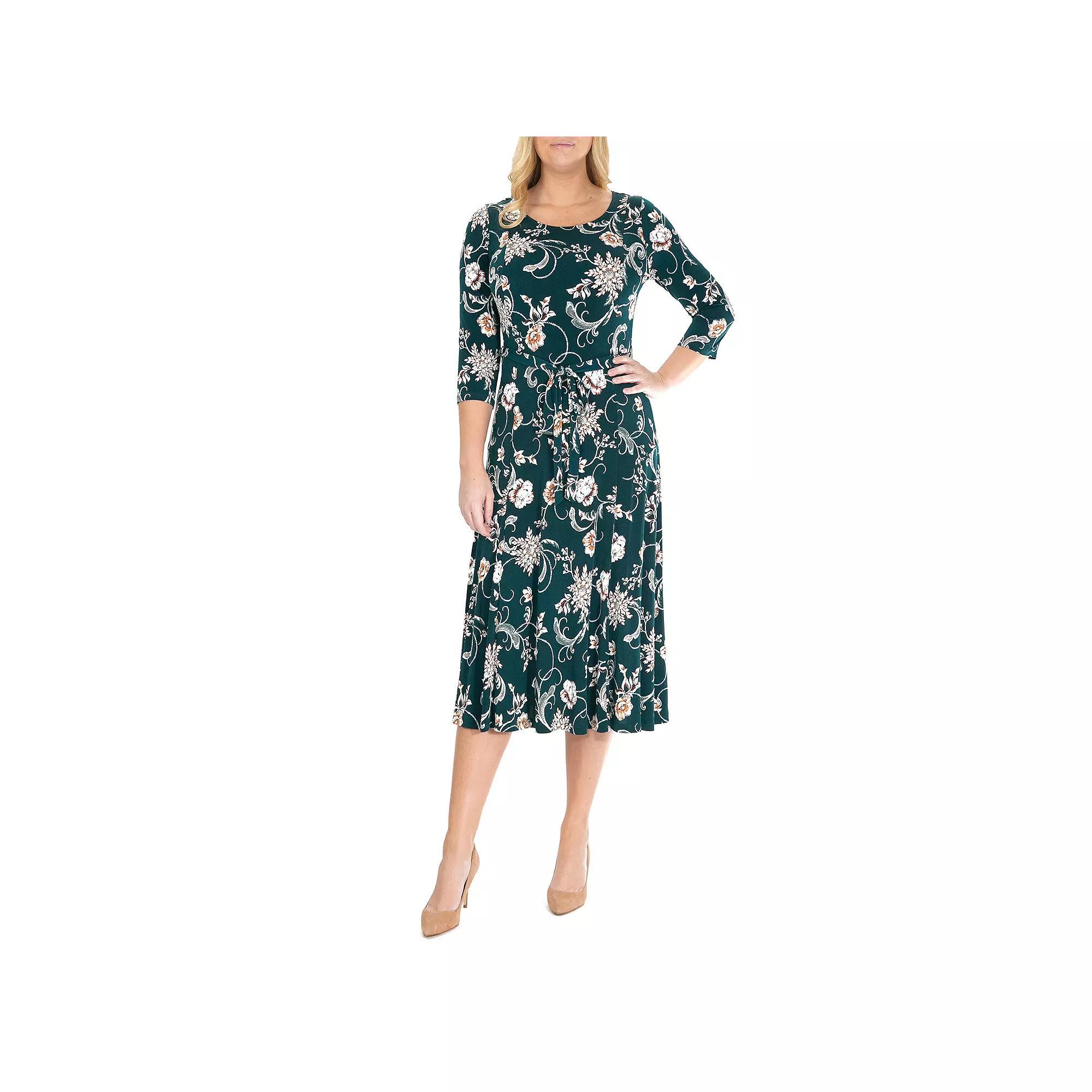 Women's Nina Leonard Belted 3/4 Sleeve Print Midi Dress, Size: Small, Teal Red Product Image