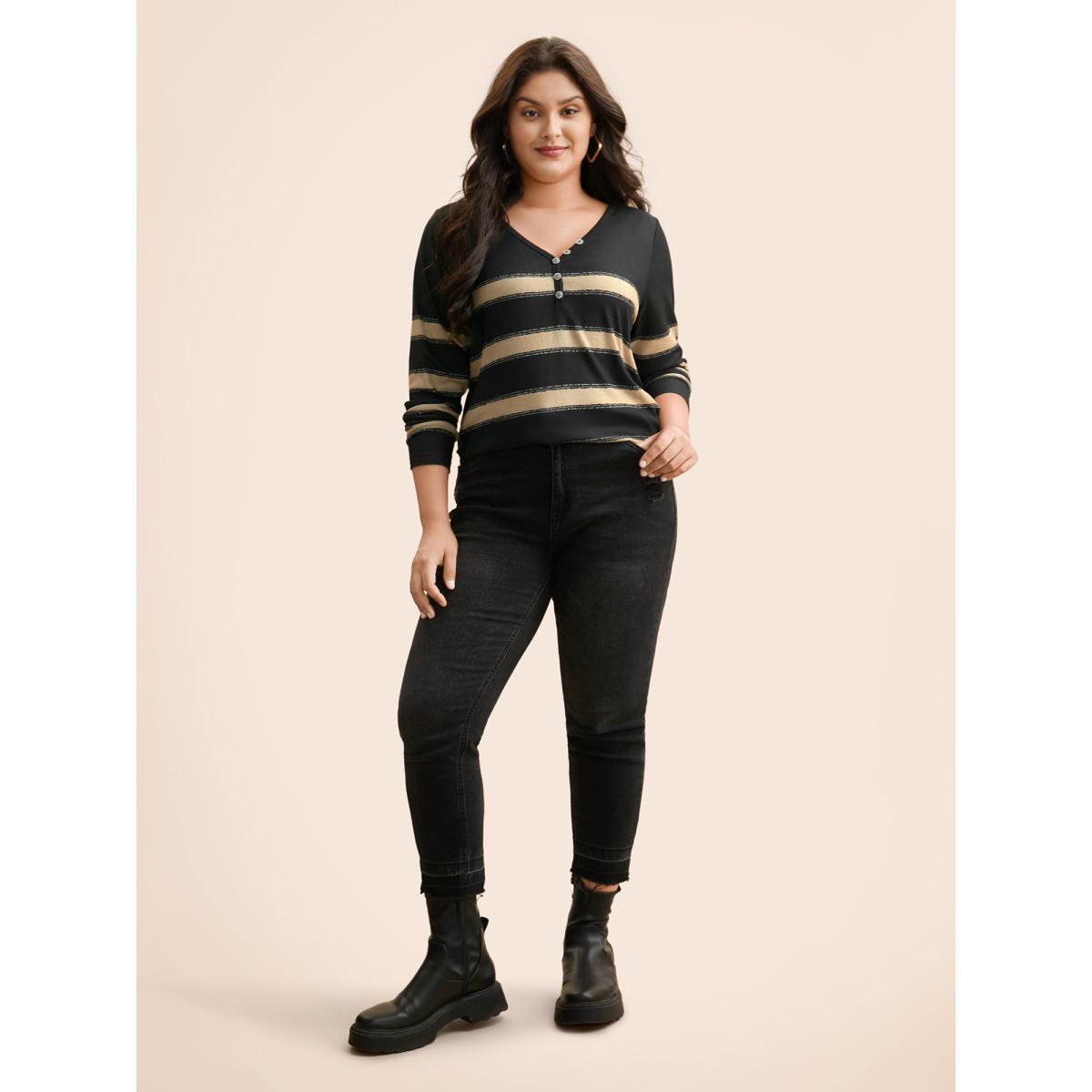 Plus Size Contrast Striped Button Detail T-shirt Black Women Casual Button V-neck Everyday T-shirts BloomChic 28/5X Product Image