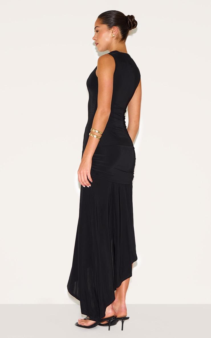 Black Double Layer Slinky Asymmetrical Ruched Midaxi Dress Product Image