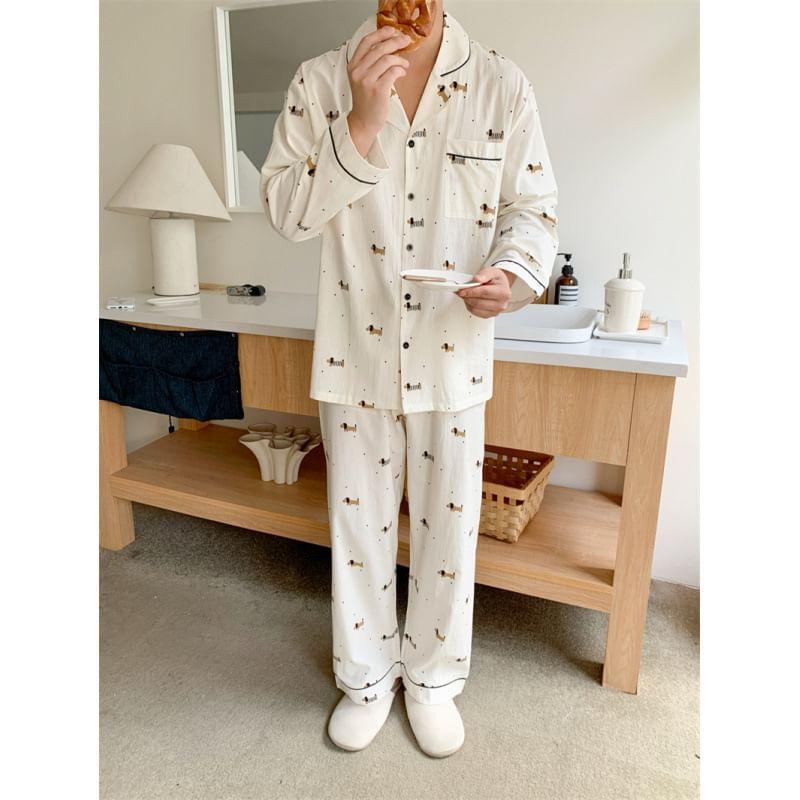 Couple Matching Pajama Set: Long-Sleeve Lapel Collar Dog Print Button-Up Top + Pants (Various Designs) Product Image