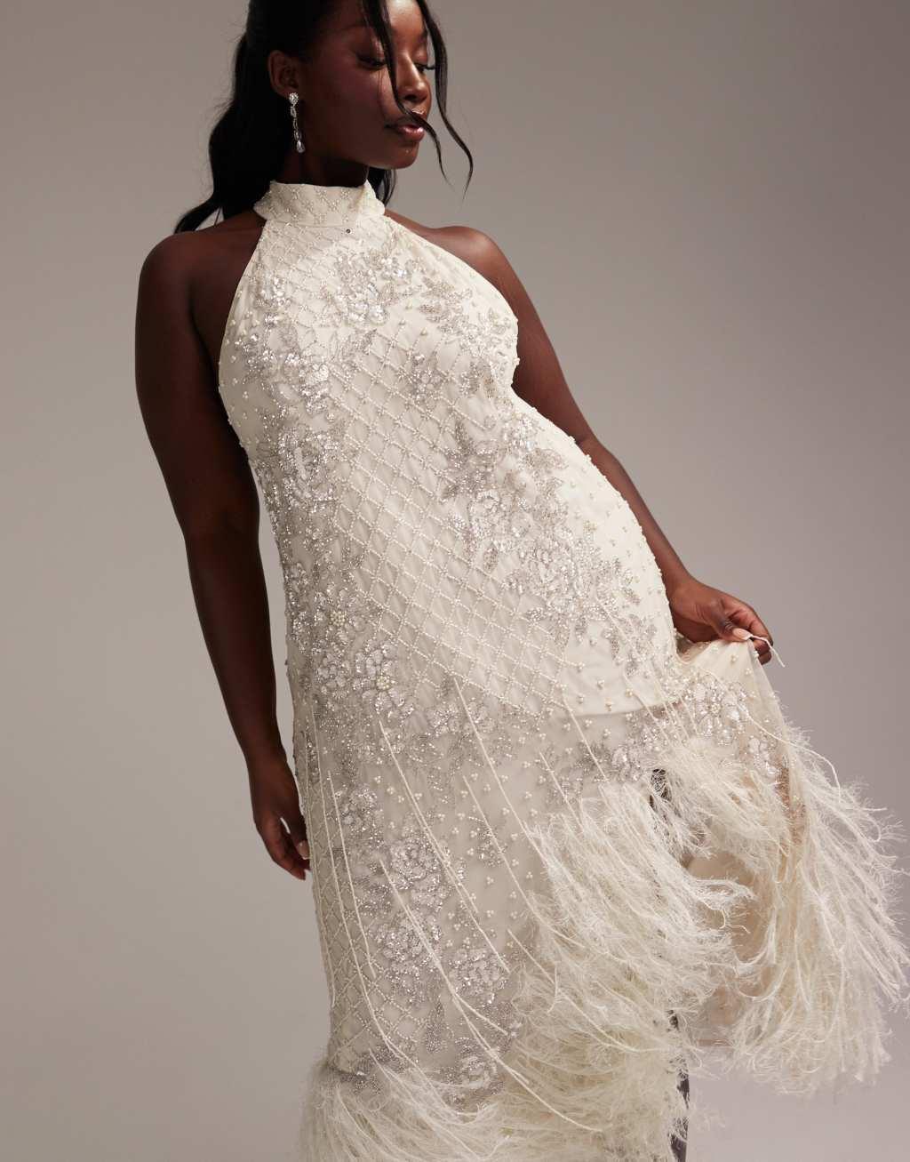 ASOS DESIGN Curve floral embellished halter maxi wedding dress with fringe hem Product Image