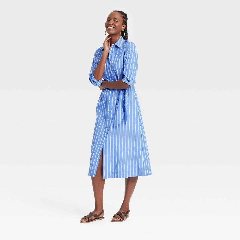 Womens Long Sleeve Tie-Front Midi Shirtdress - Universal Thread Blue Striped Product Image