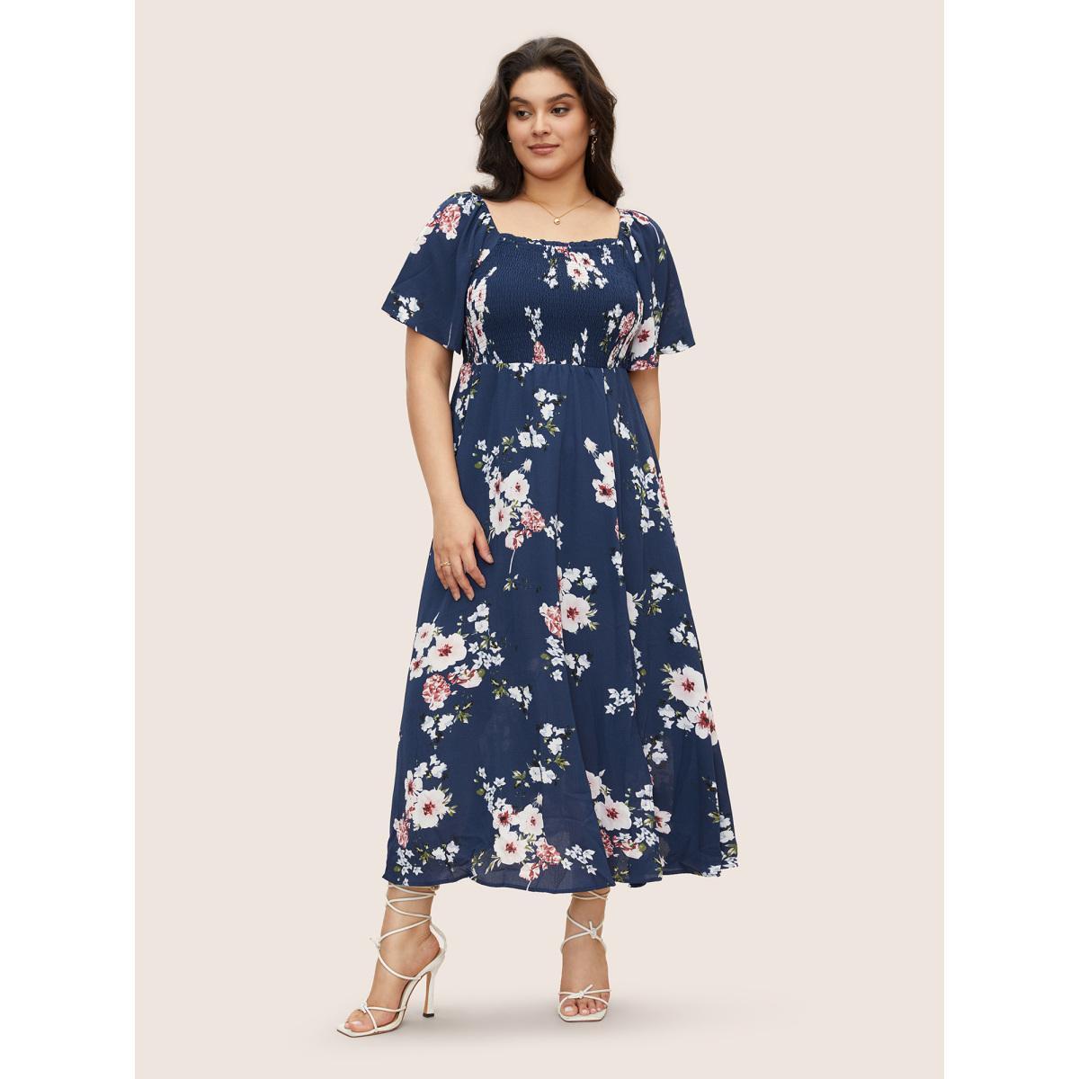 Plus Size Floral Square Neck Ruffles Pocket Shirred Split Dress DarkBlue Women Elegant Non Square Neck Short sleeve Curvy BloomChic 12/L Product Image