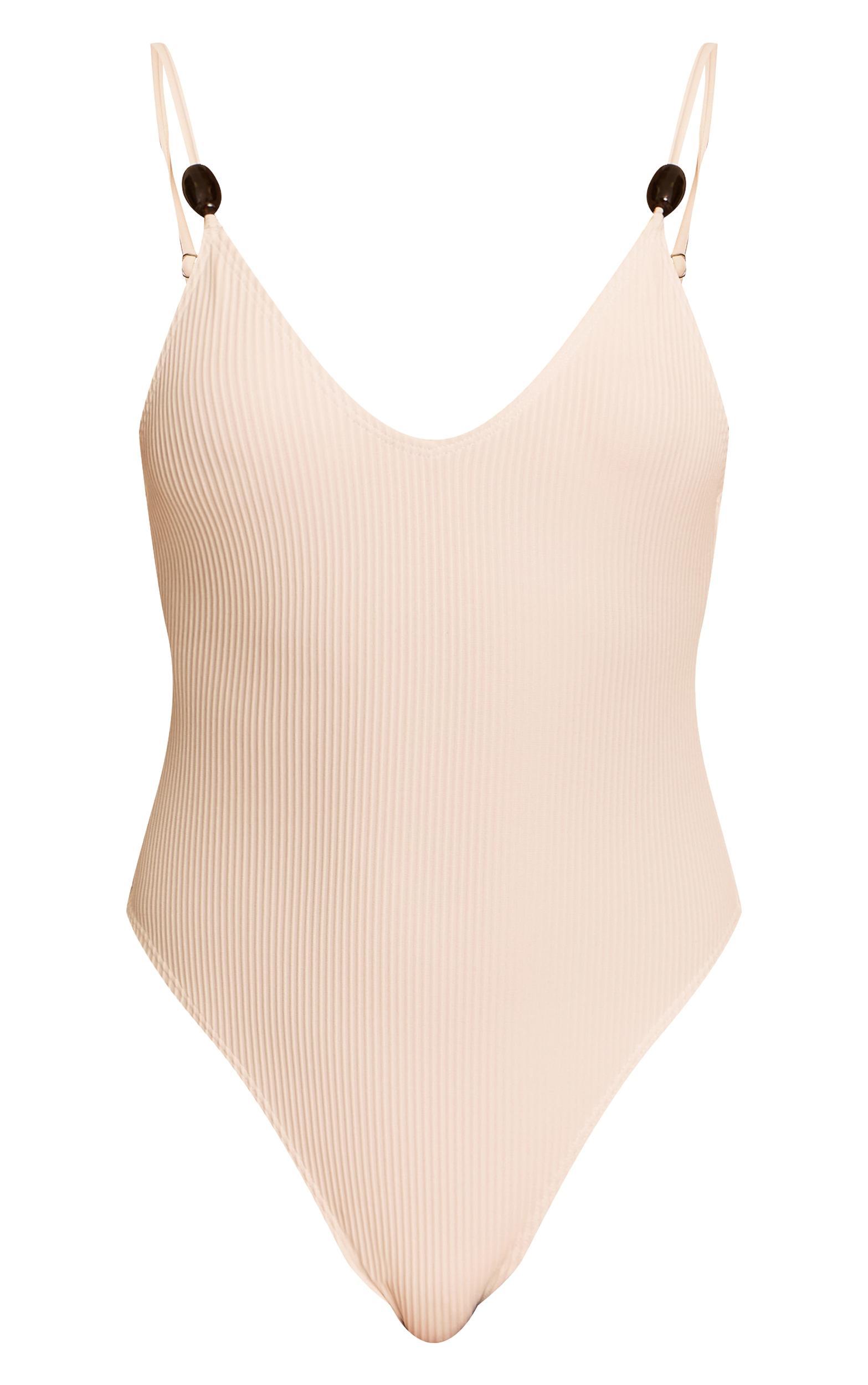Ivory Ribbed Bead Trim Scoop Backless Swimsuit Product Image