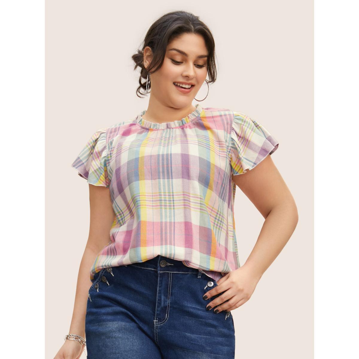 Plus Size Multicolor Crew Neck Colored Plaid Split Hem Blouse Women Casual Cap Sleeve Round Neck Everyday Blouses BloomChic 14-16/1X Product Image
