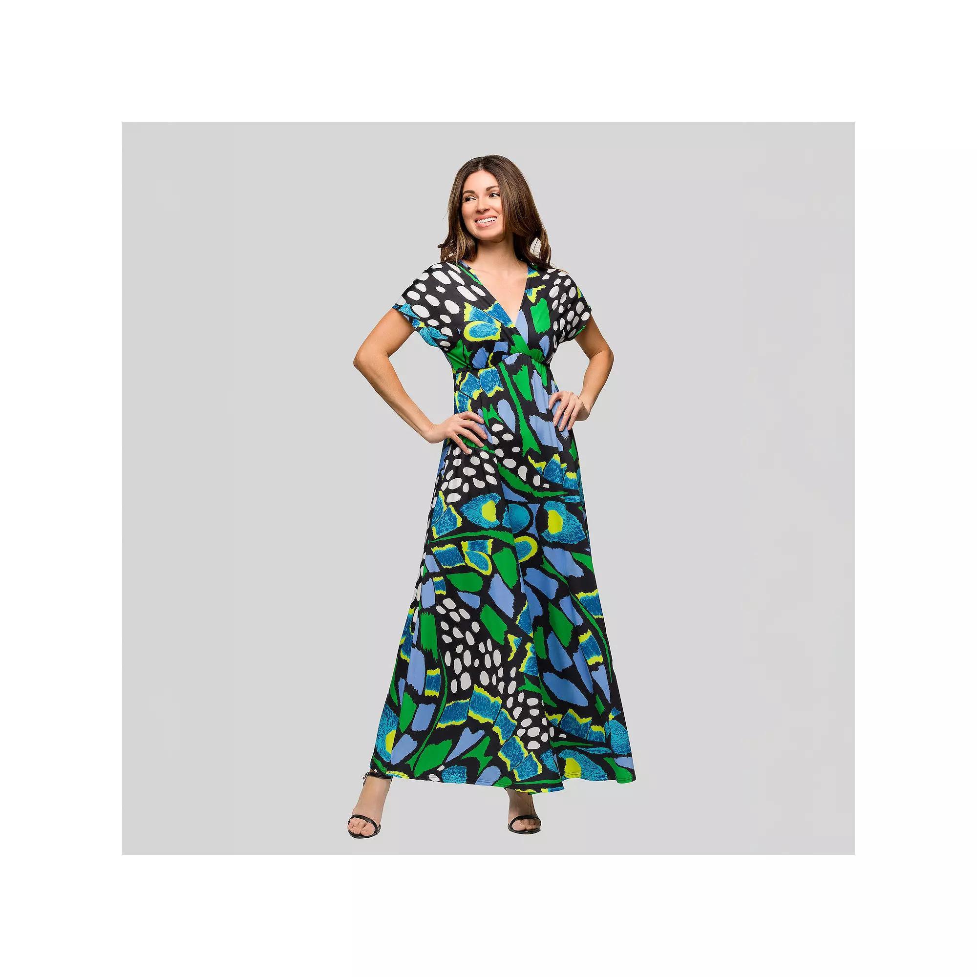 Women's 24Seven Comfort Apparel V-Neck Empire Waist Cap Sleeve Maxi Dress, Size: Small, Green Team Product Image