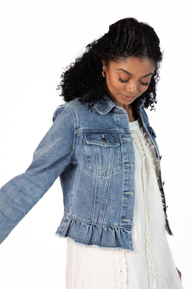 Denim Dreams Light Wash Peplum Detail Denim Jacket Product Image
