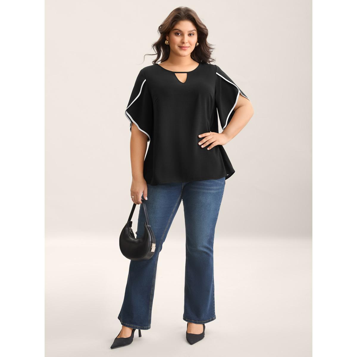 Plus Size Black Color Contrast Petal Sleeve Shirt Women Half Sleeve Round Neck Work Blouses BloomChic 28/5X Product Image