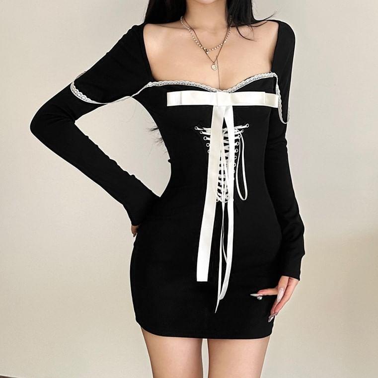 Long-Sleeve Square Neck Ribbon Front Mini Bodycon Dress Product Image