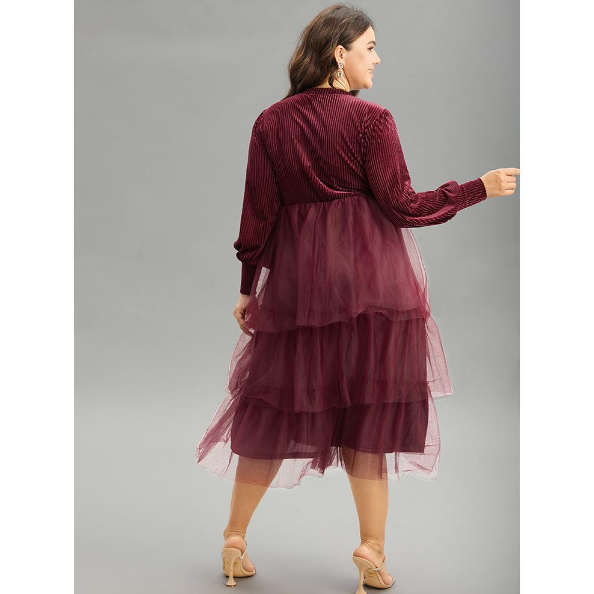 Plus Size Velvet Patchwork Mesh Layered Hem Dress Burgundy Women Glamour Velvet Round Neck Long Sleeve Curvy Midi Dress BloomChic 18-20/2X Product Image