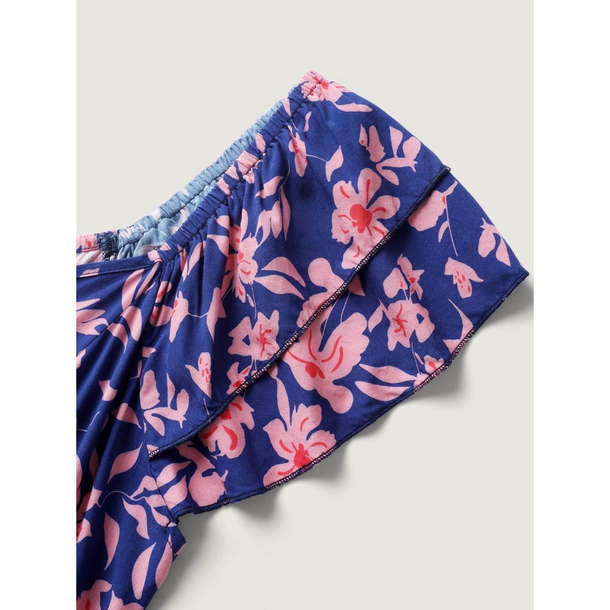 Plus Size Rayon Silhouette Flower Ruffled Sleeve Midi Dress Multicolor Women V-neck Cap Sleeve Curvy BloomChic 10/M Product Image