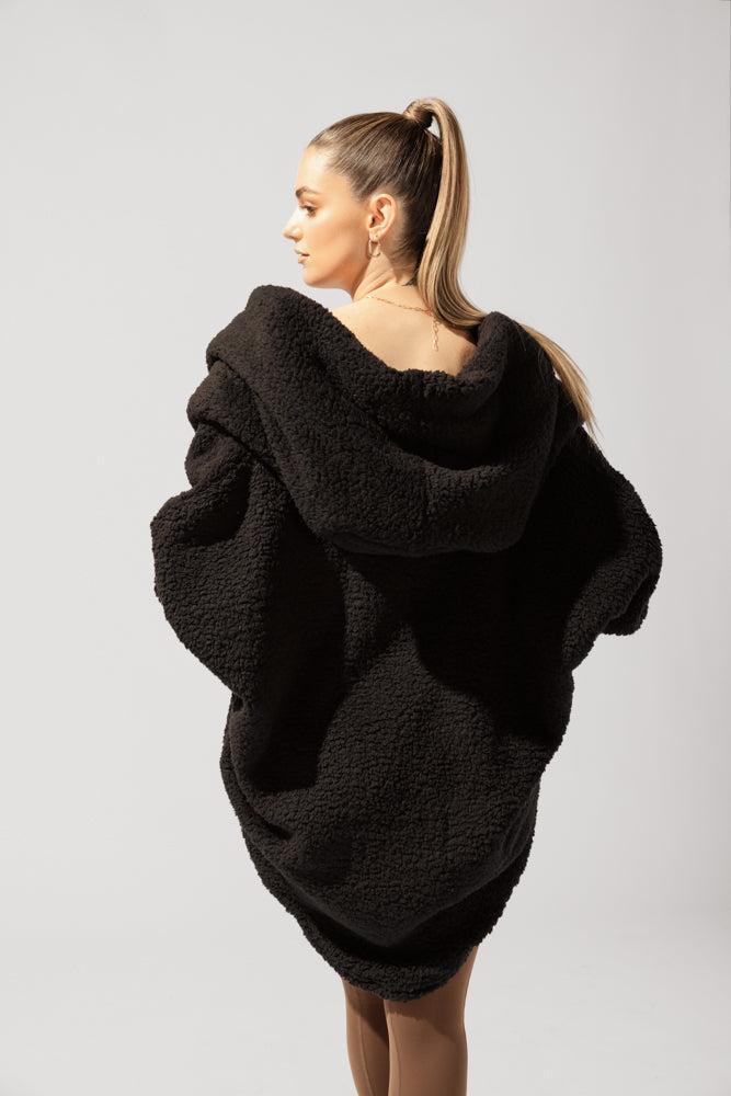 Faux Sherpa Cocoon Coat - Black Product Image