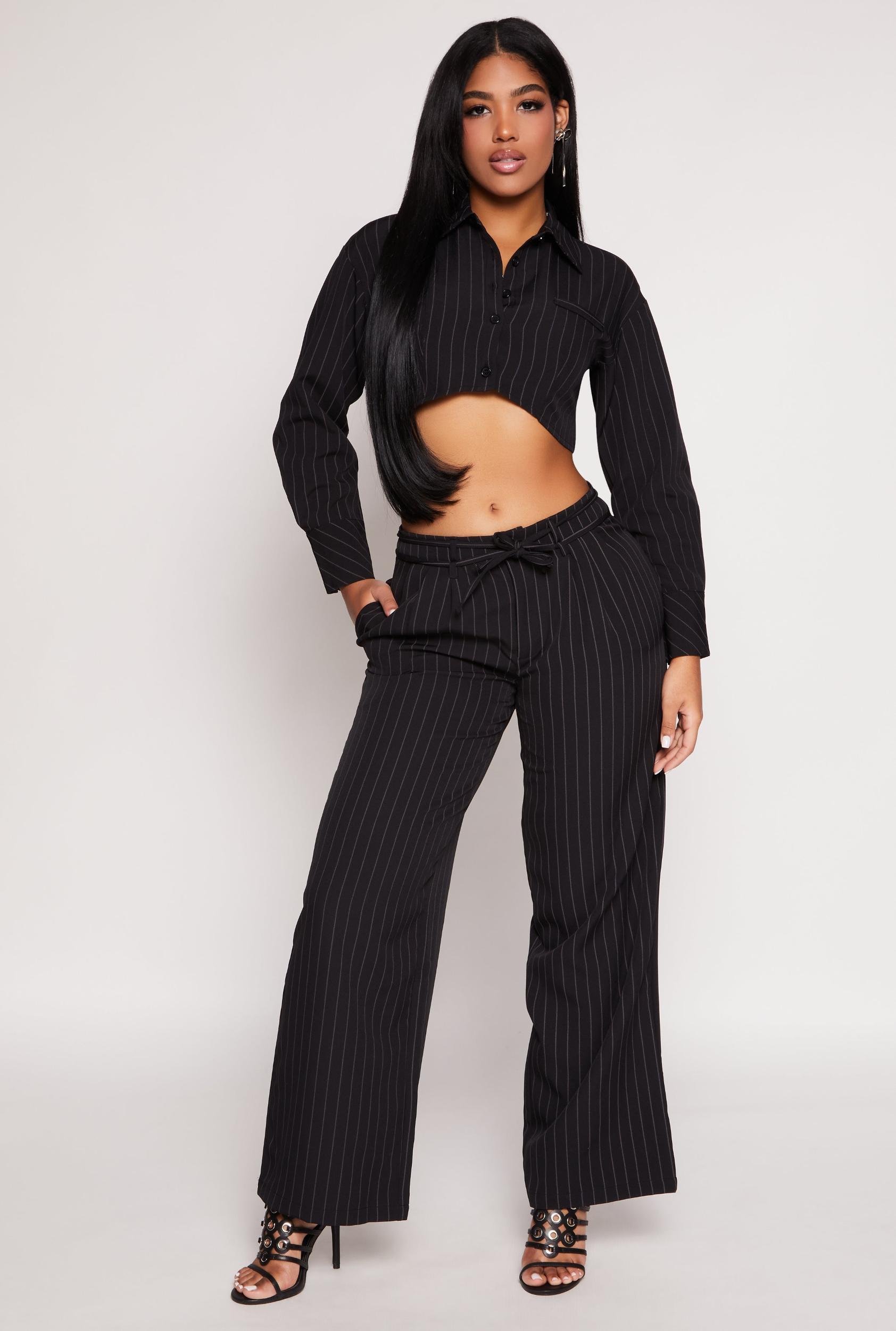 Womens Tie Waist Belted Pinstripe Pants Product Image
