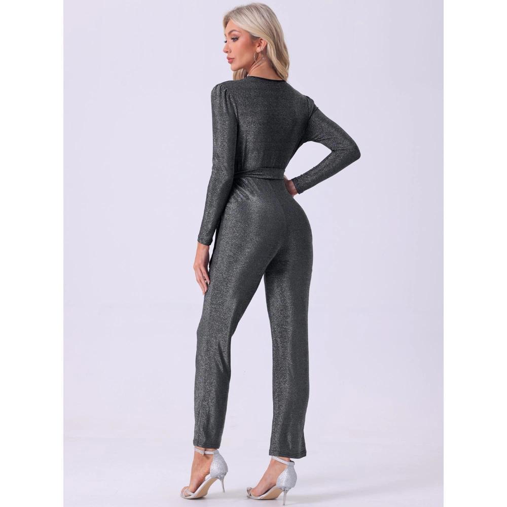 Allegra K Women's Sparkly V Neck Long Sleeve Belt Night Party Clubwear Giltter Jumpsuits Product Image
