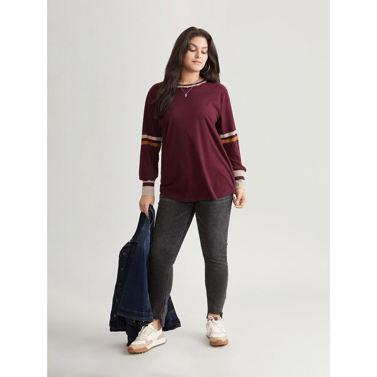 Plus Size Striped Contrast Round Neck Rib Knit Sweatshirt Women Burgundy Casual Contrast Round Neck Everyday Sweatshirts BloomChic 10/M Product Image
