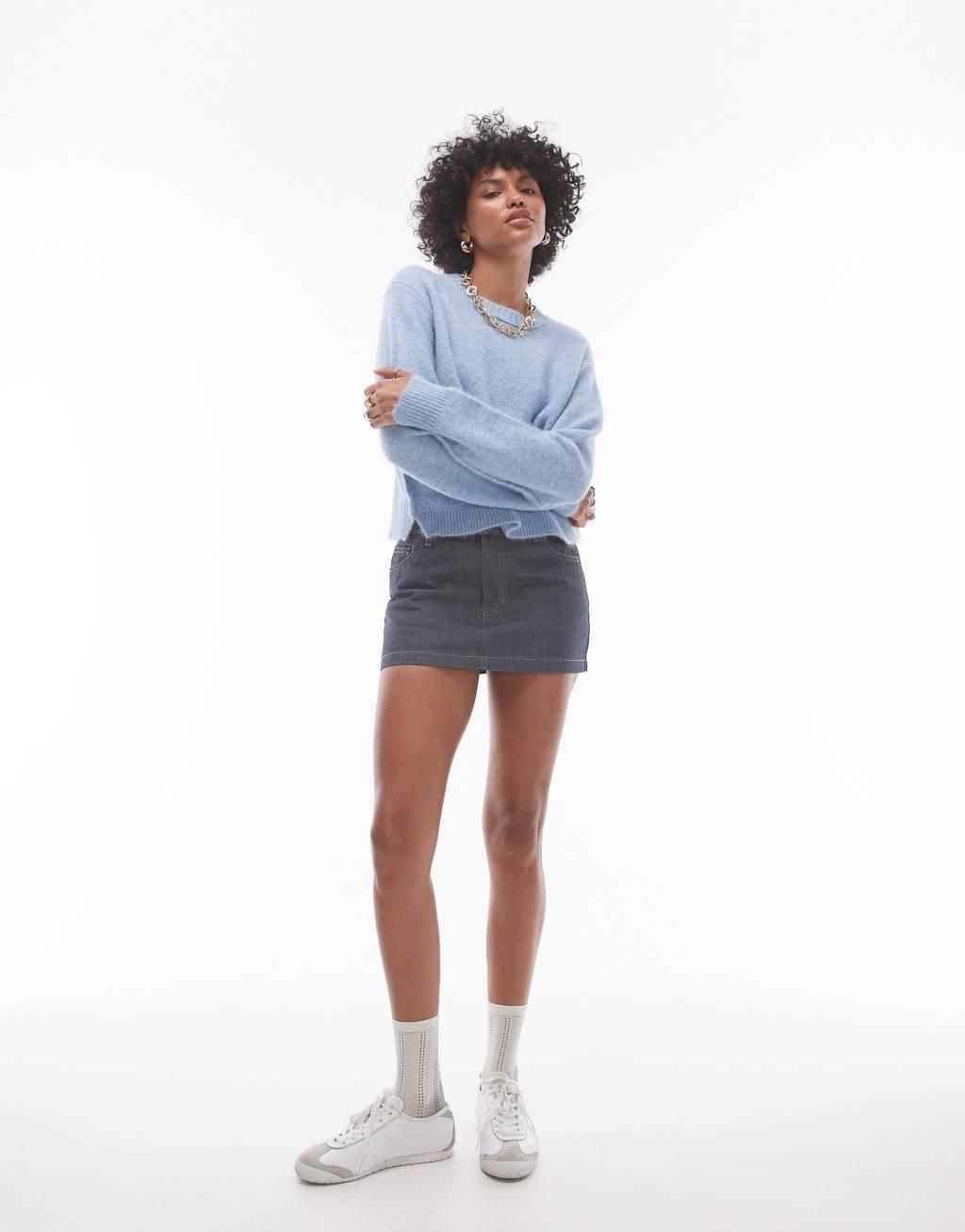 Topshop knitted crew with exposed seams sweater in light blue Product Image