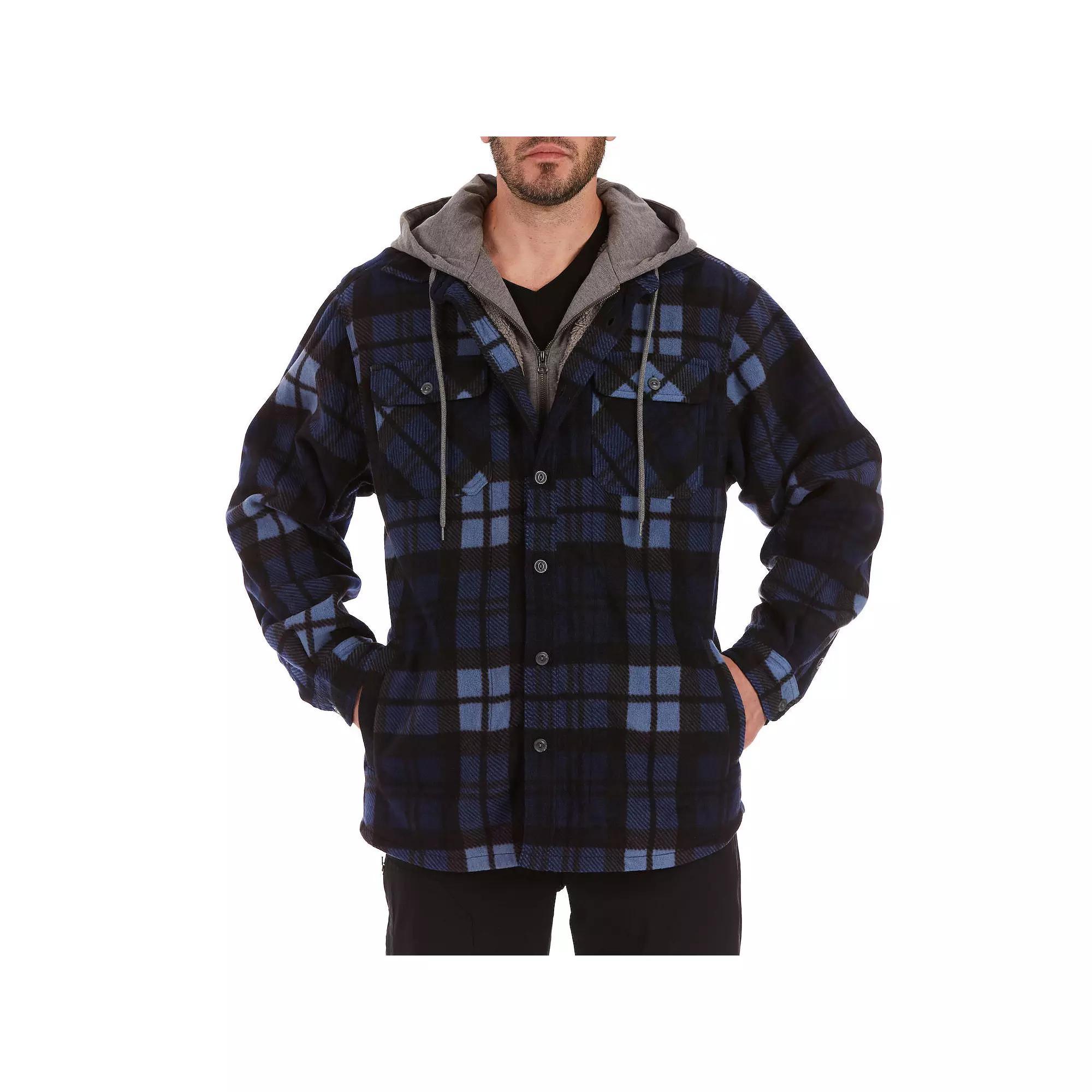 Men's Smith's Workwear Plaid Sherpa-Lined Microfleece Hooded Shirt Jacket, Size: Large, New Blue Product Image