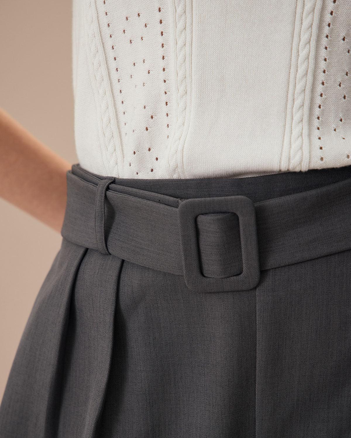 Women's Grey High-Waisted Belted Pleated Shorts Female Product Image