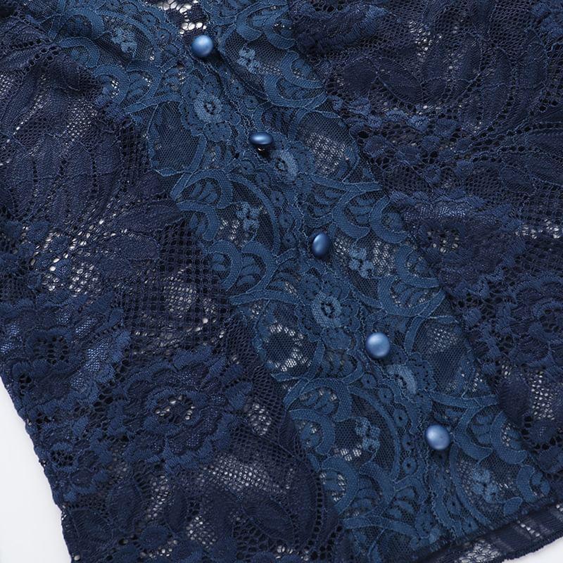 Long Sleeve V-Neck Lace Button Up Cropped Top Product Image