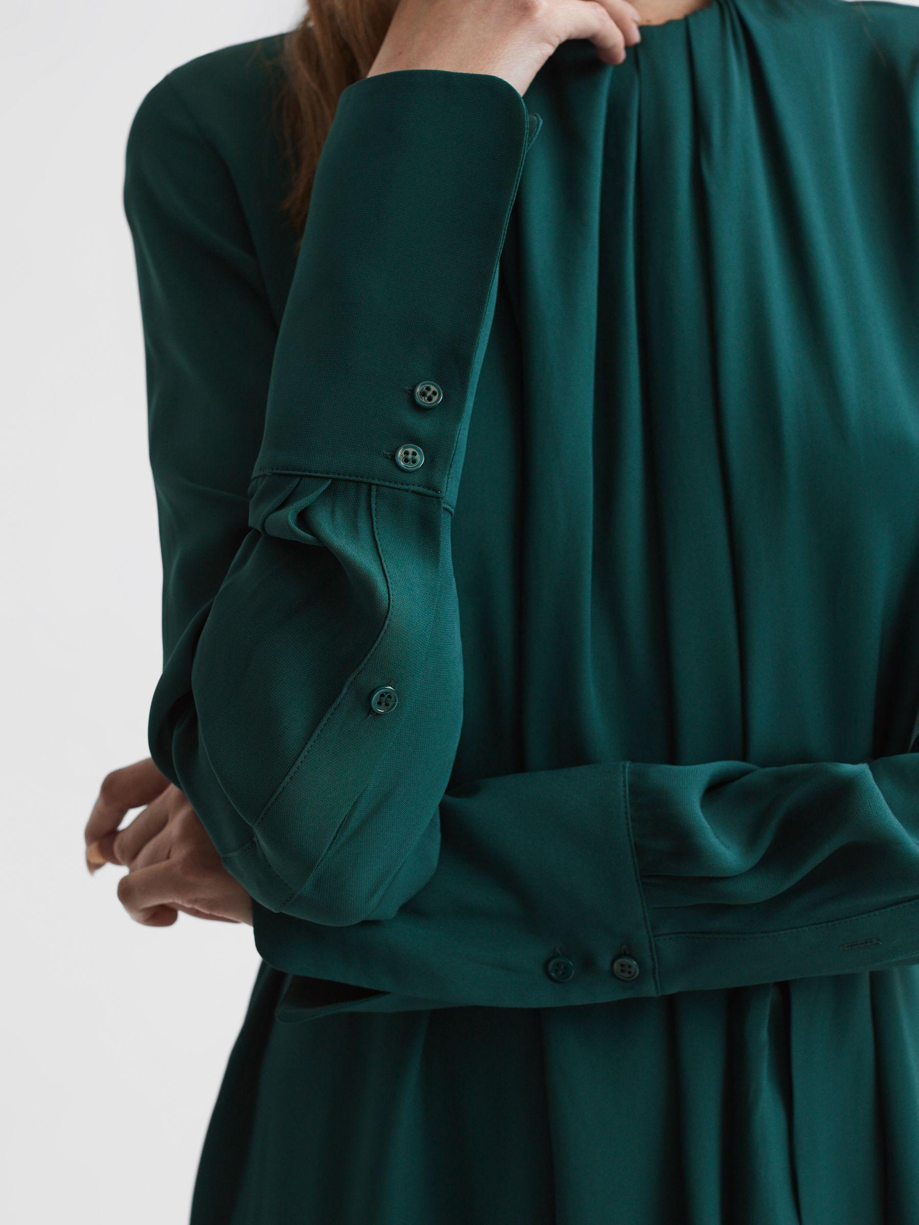 Pleated Long Sleeve Midi Dress in Green Product Image