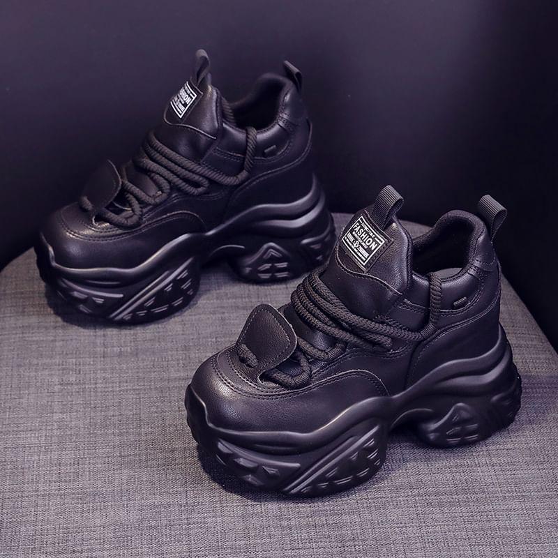 Platform Hidden Wedge Plain Lace-Up Faux Leather Sneakers Product Image