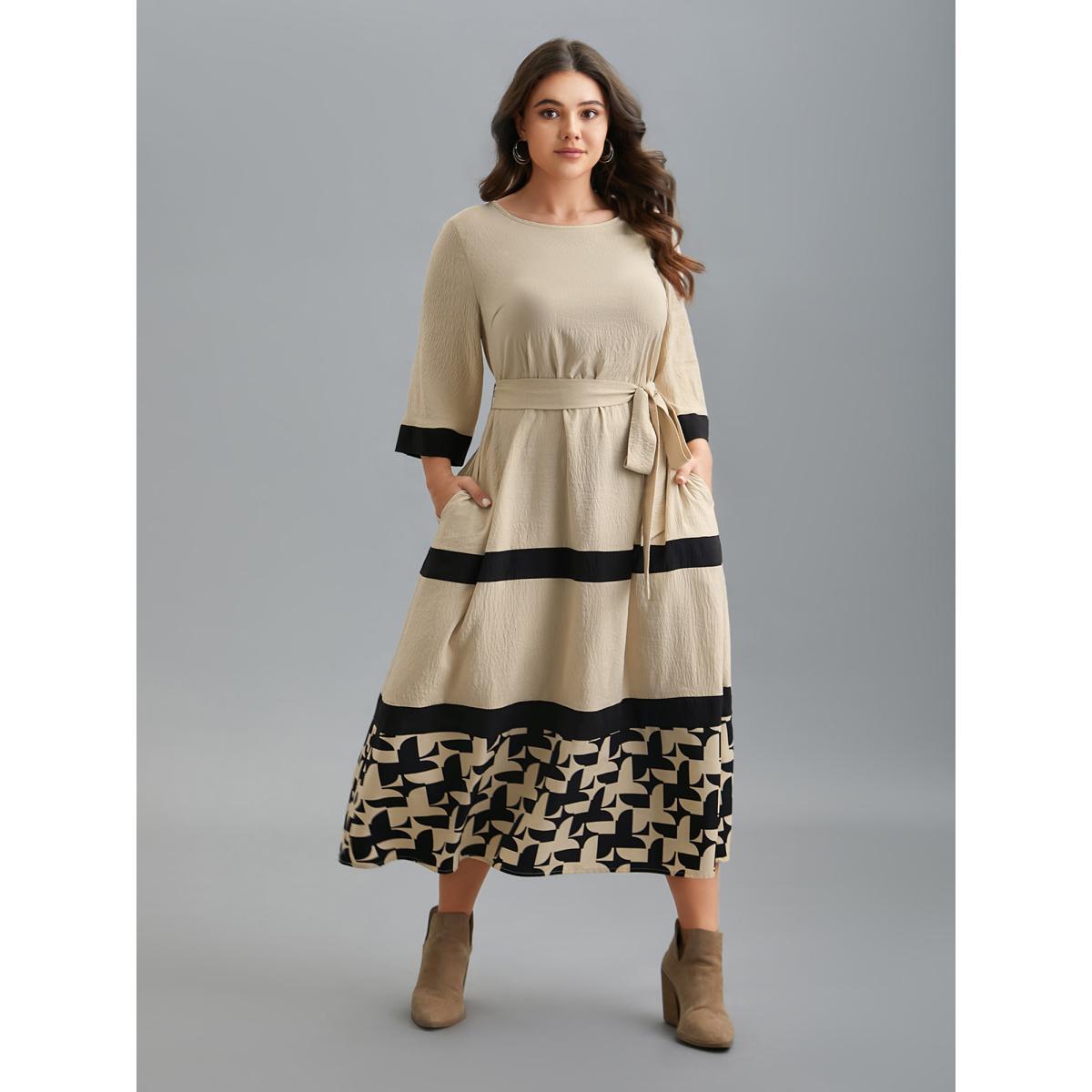 Plus Size Color-Block Belted Pockets Midi Dress Apricot Women Casual Texture Round Neck Elbow-length sleeve Curvy BloomChic 18-20/2X Product Image