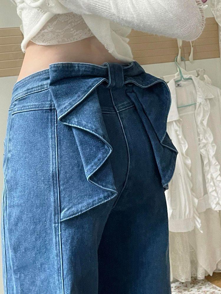 High Waist Bow Accent Straight-Fit Wide-Leg Jeans Product Image