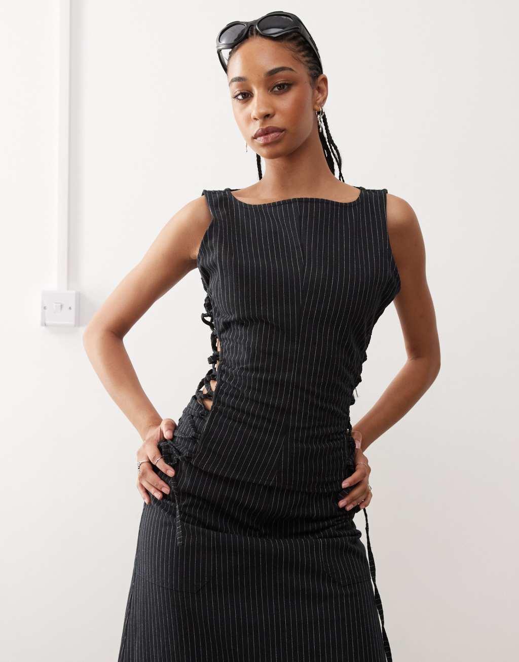 COLLUSION slash neck top with lace-up detail in black pinstripe - part of a set Product Image