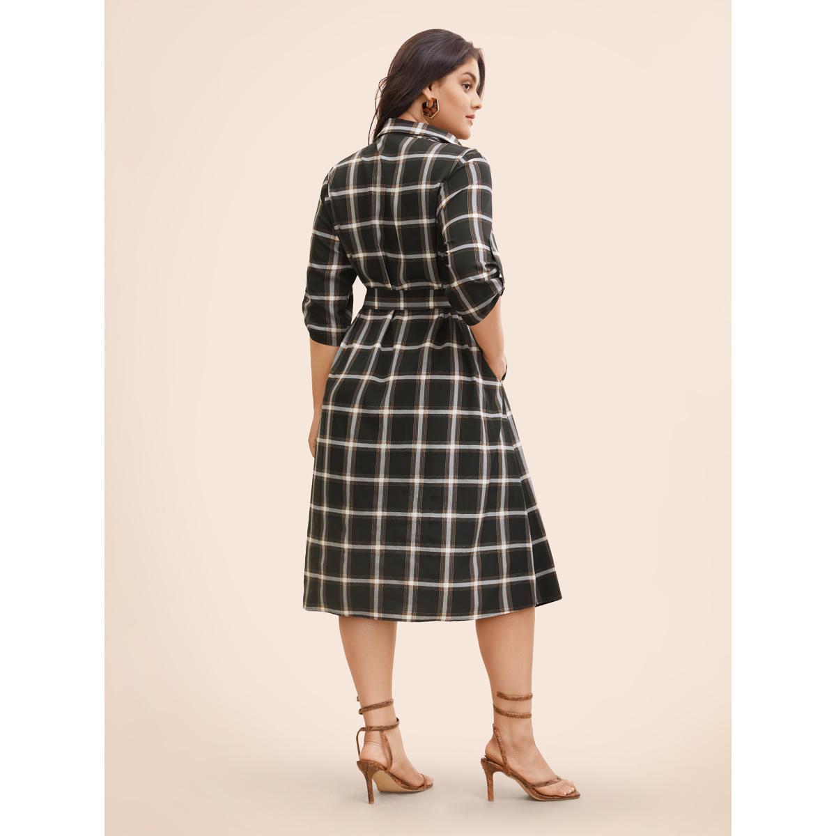 Plus Size Plaid Shirt Collar Belted Tab Sleeve Dress Black Women Elegant Belted Shirt collar Elbow-length sleeve Curvy BloomChic 14-16/1X Product Image