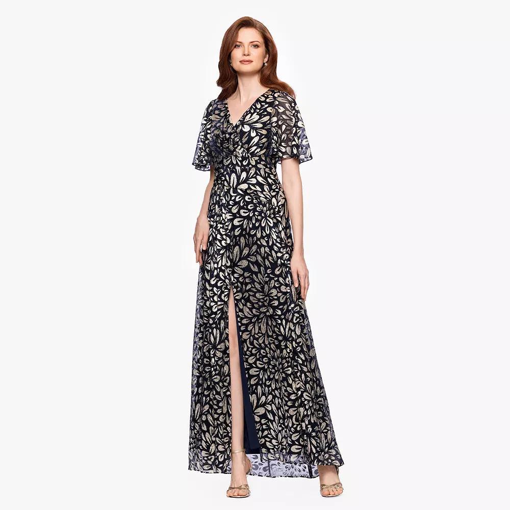 Women's BA Nites Long Foil Flutter Sleeve Dress, Size: 12, Navy Gold Leaf Product Image