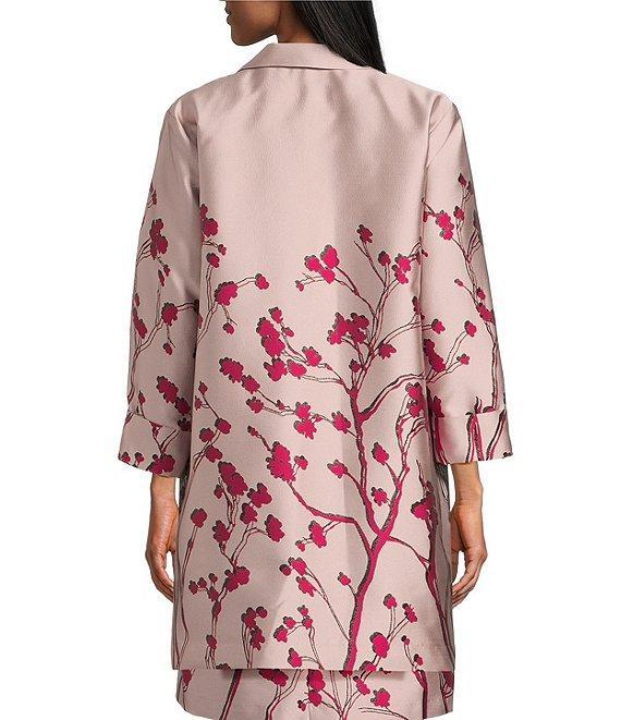 Caroline Rose Cherry Blossom Print Satin Jacquard Notch Collar 3/4 Sleeve Open-Front Statement Jacket Product Image