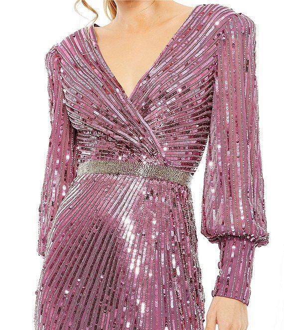 Mac Duggal Sequin Surplice V-Neck Long Bishop Sleeve Wrap Over Gown Product Image