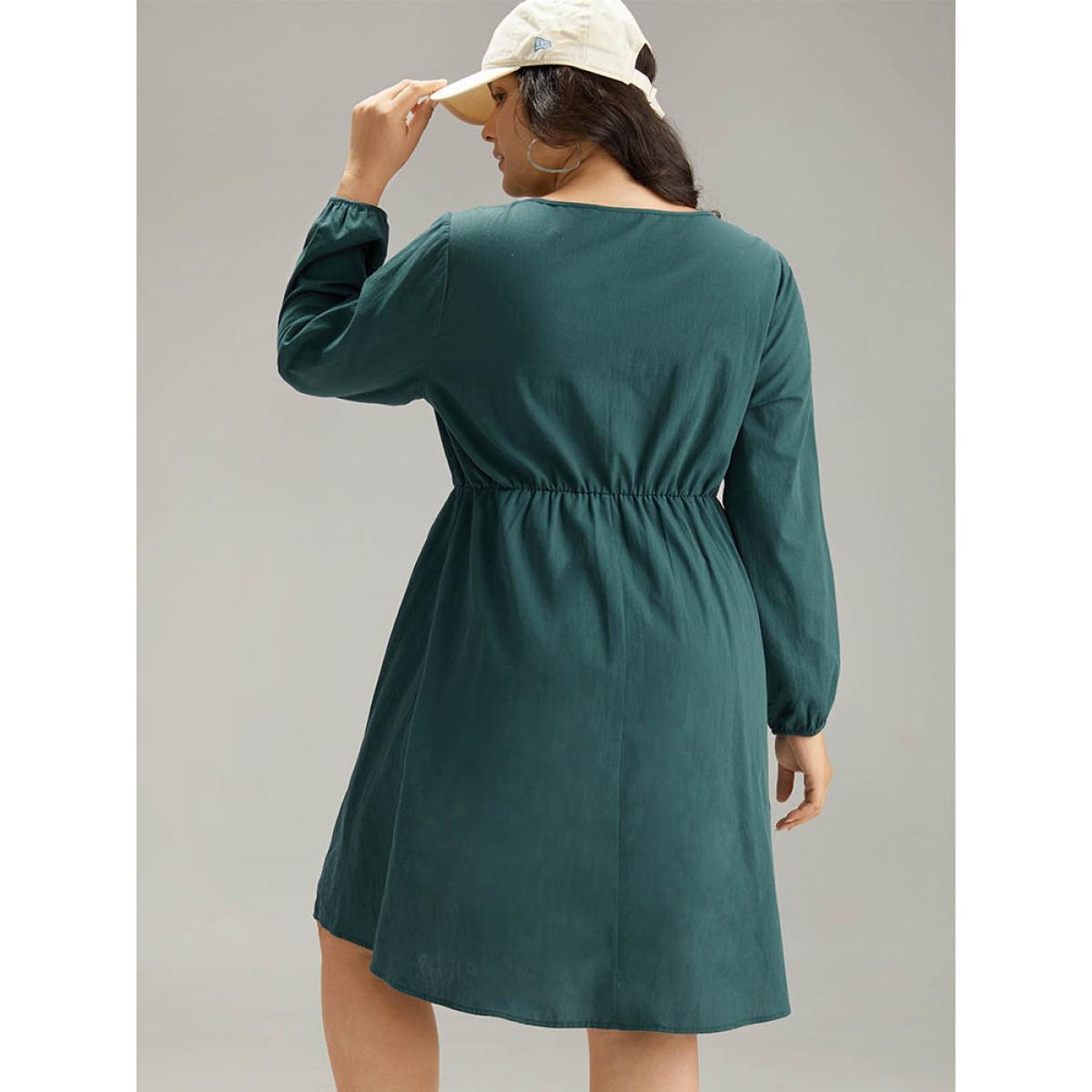 Plus Size Cotton Solid Lace Up Elastic Waist Dress DarkGreen Women Casual Elastic cuffs Tie Neck Long Sleeve Curvy Midi Dress BloomChic 14-16/1X Product Image