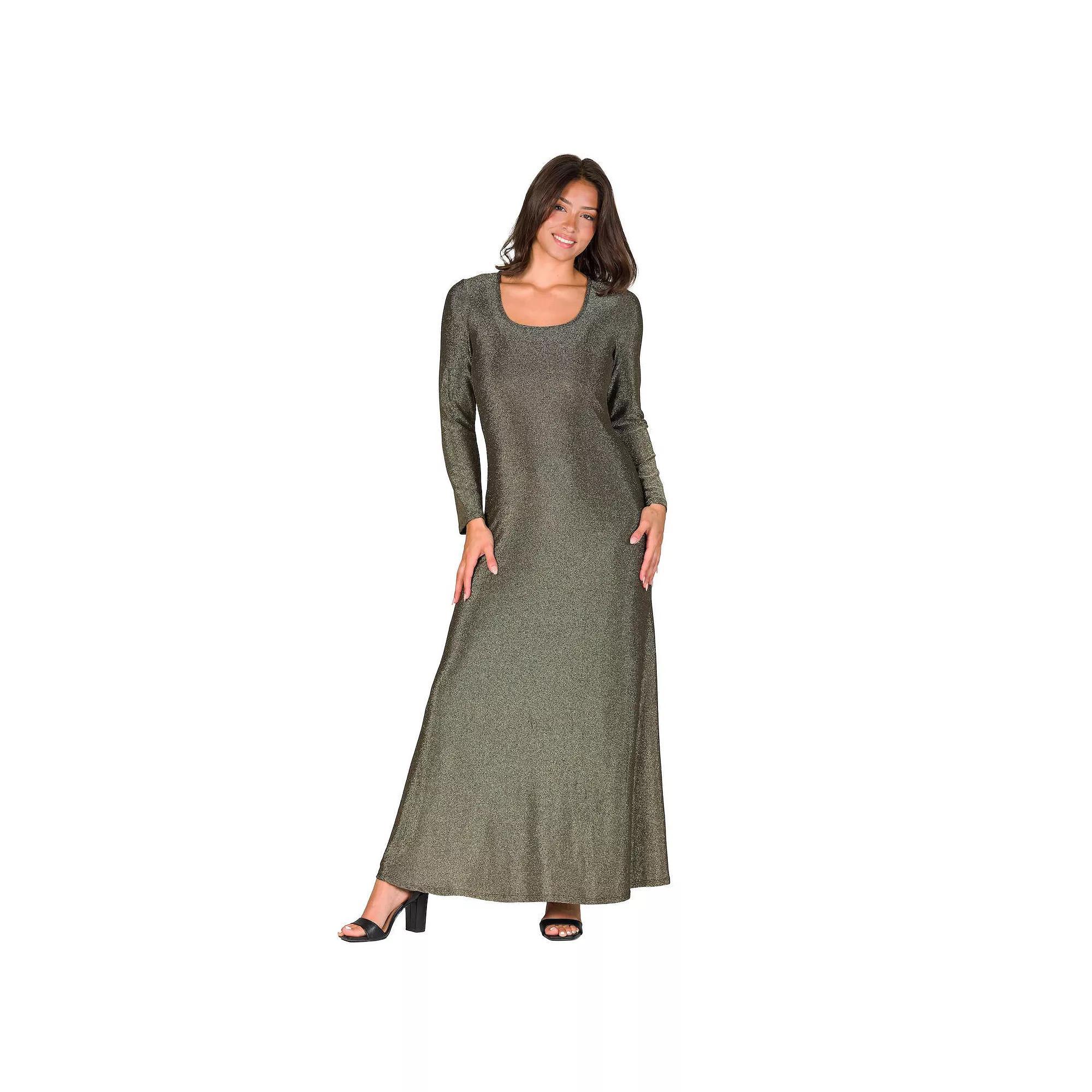 Women's 24Seven Comfort Apparel Long Sleeve Scoopneck Shimmer Maxi Dress, Size: Large, Gold Product Image