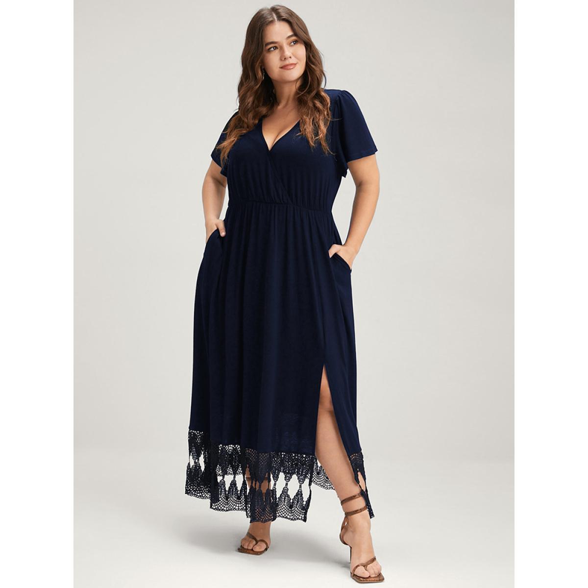 Plus Size Solid Pocket Lace Hem Modal Button Split Wrap Dress Navy Women Elegant Patchwork V-neck Short sleeve Curvy Long Dress BloomChic 10/M Product Image