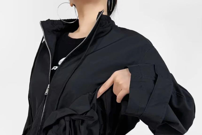 Stand Collar Plain Drawstring Zip Jacket Product Image