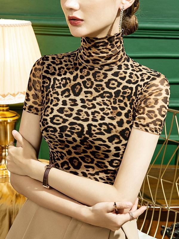 Urban Skinny Leopard High-Neck T-Shirts Tops Product Image