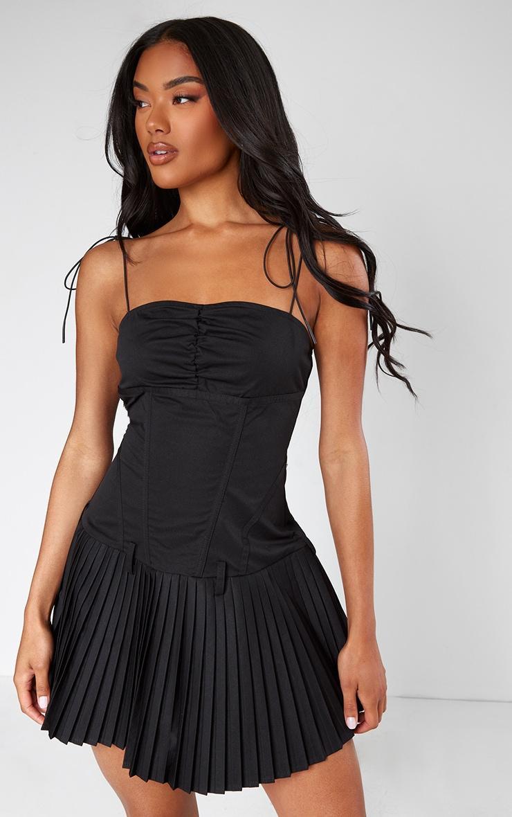 Black Tailored Woven Corset Pleated Shift Dress Product Image