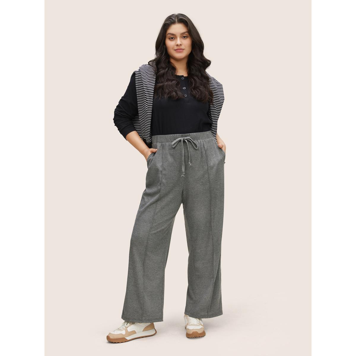 Plus Size Plisse Drawstring Pocket Wide Leg Pants Women DimGray Casual Wide Leg High Rise Everyday Pants BloomChic 14-16/1X Product Image