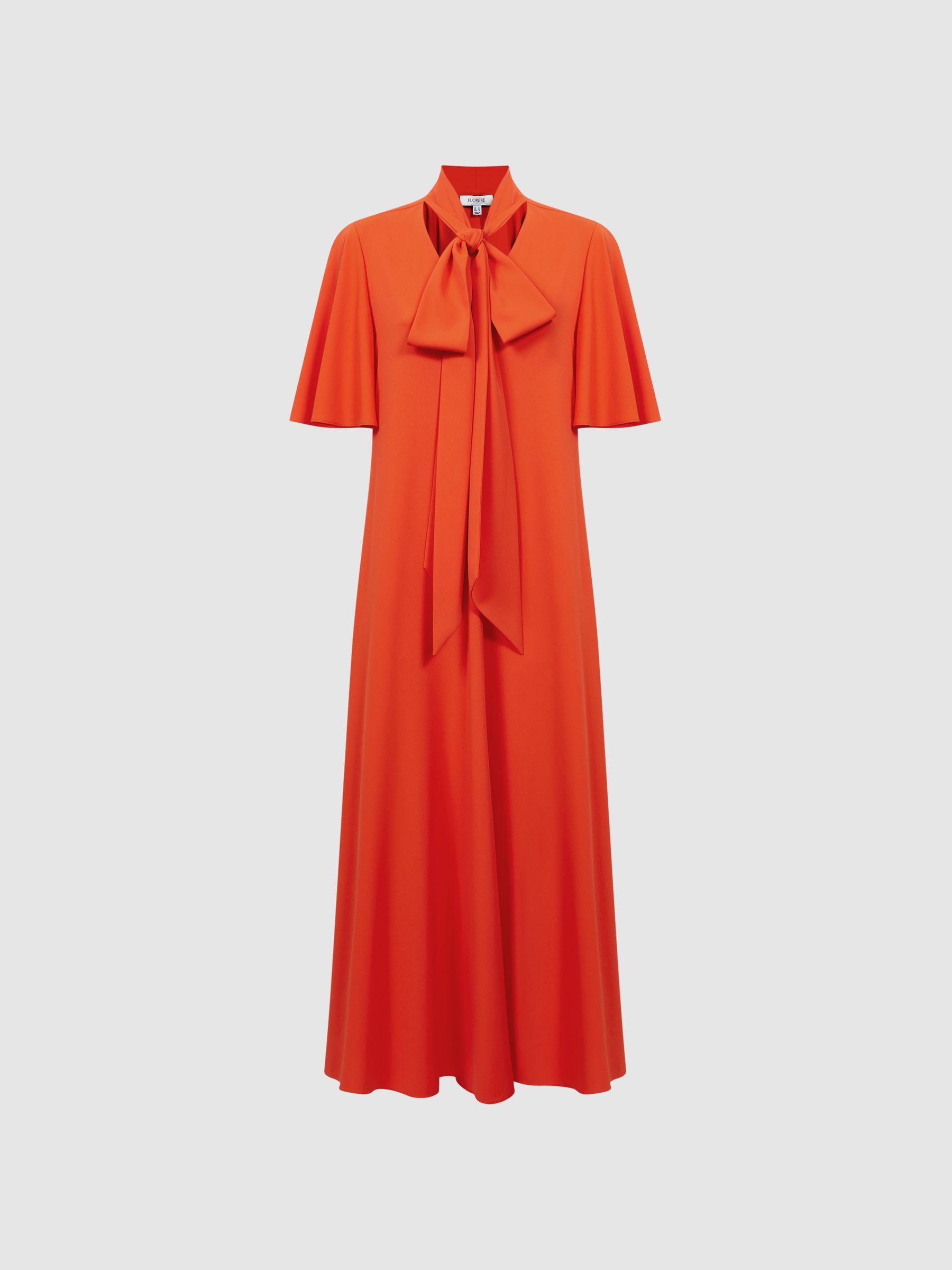 Florere Tie Neck Midi Dress in Bright Orange Product Image