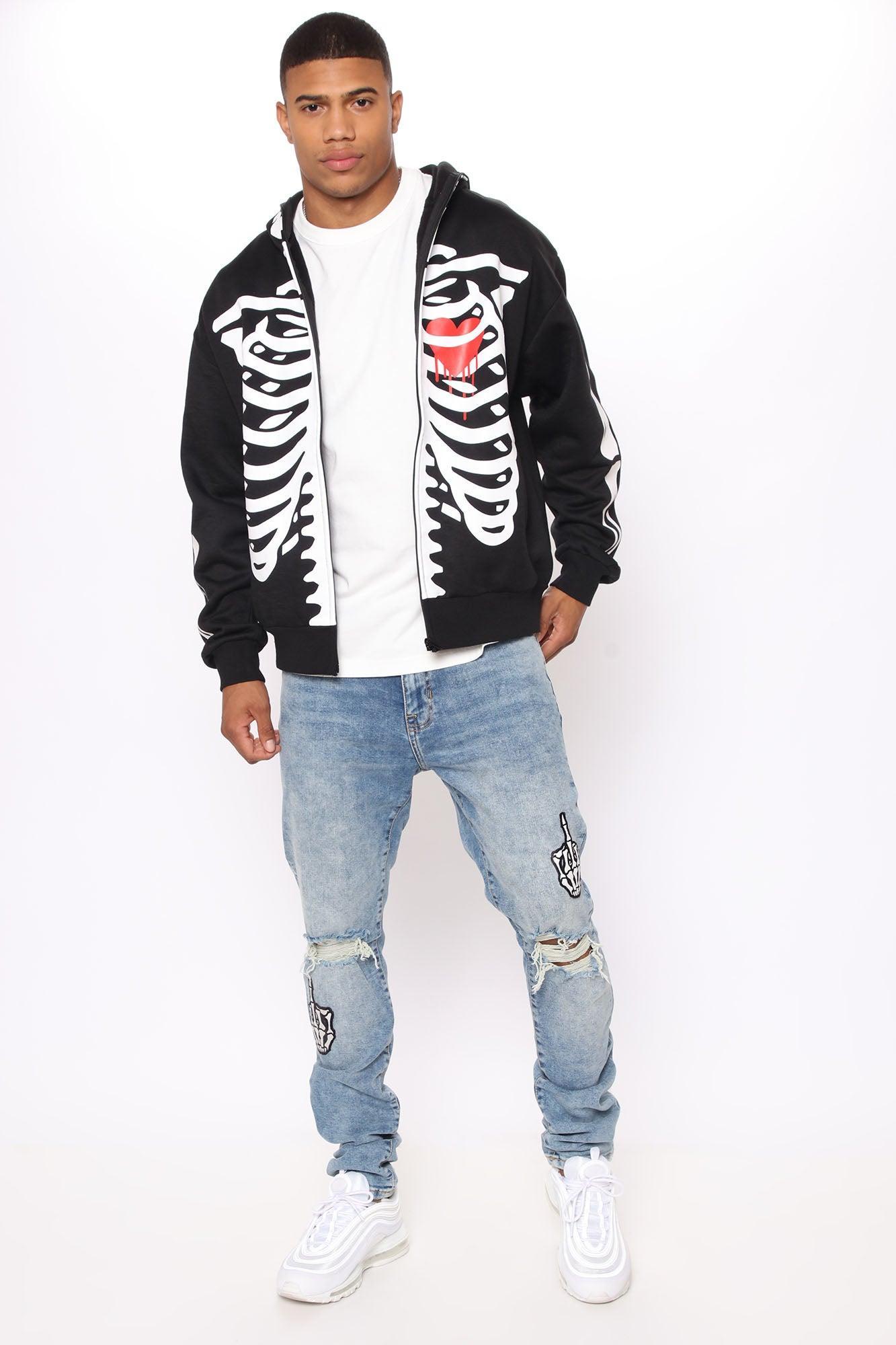 Skull Body Zip Up Hoodie - Black Product Image