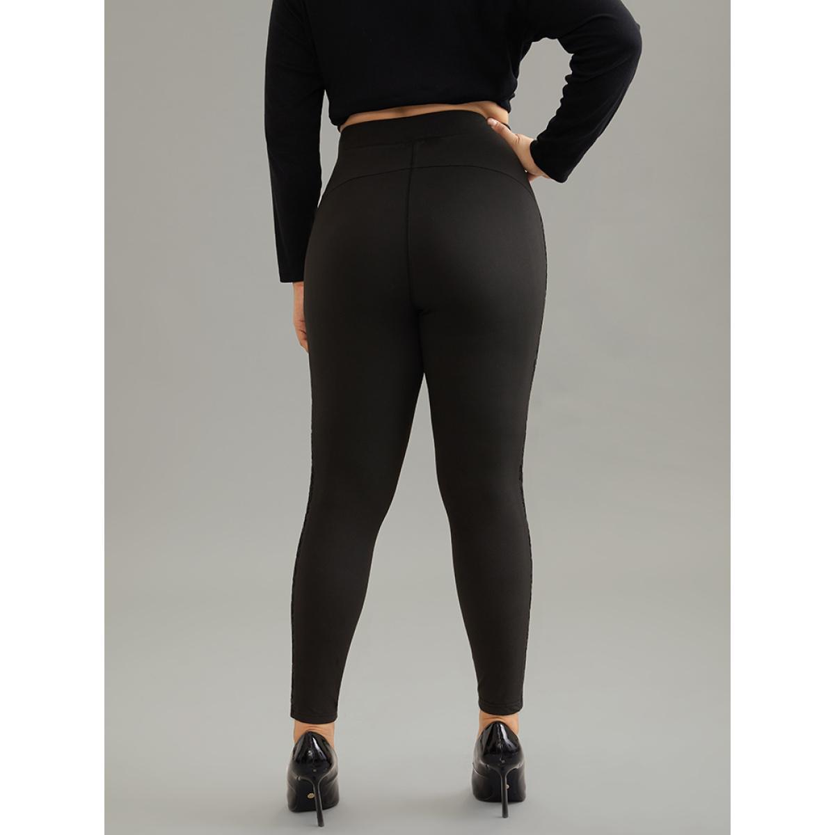 Plus Size Silhouette Floral Print Flocking Mesh Patchwork Leggings Women Black Casual High stretch Skinny High Rise Dailywear Leggings BloomChic 14-16/1X Product Image