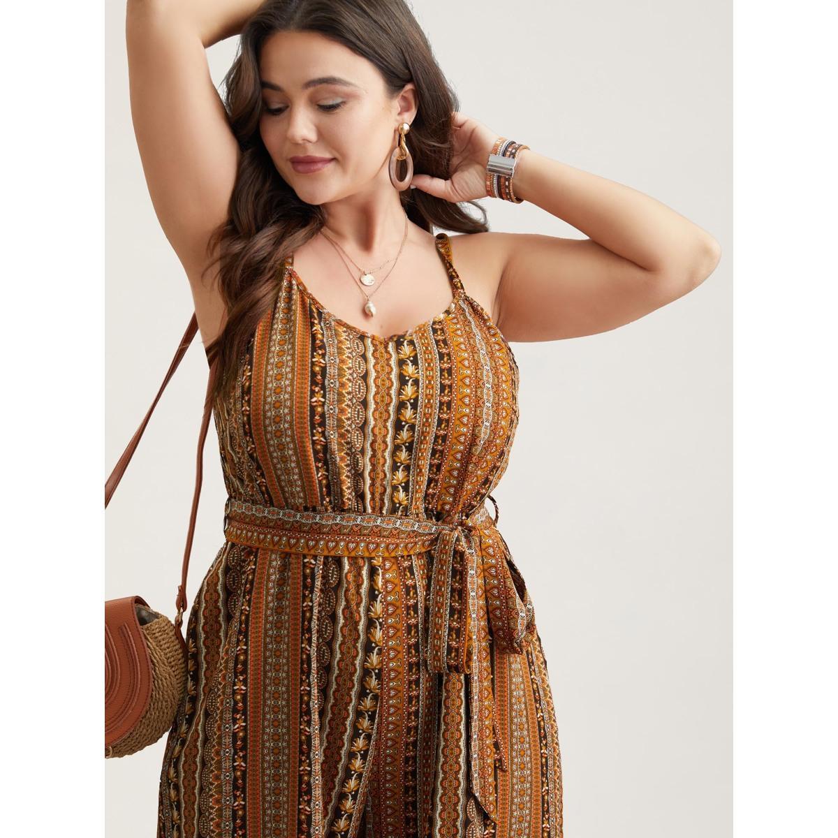 Plus Size DarkBrown Boho Stripes Belted Straight Leg Jumpsuit Women Resort Sleeveless V-neck Vacation Loose Jumpsuits BloomChic 12/L Product Image