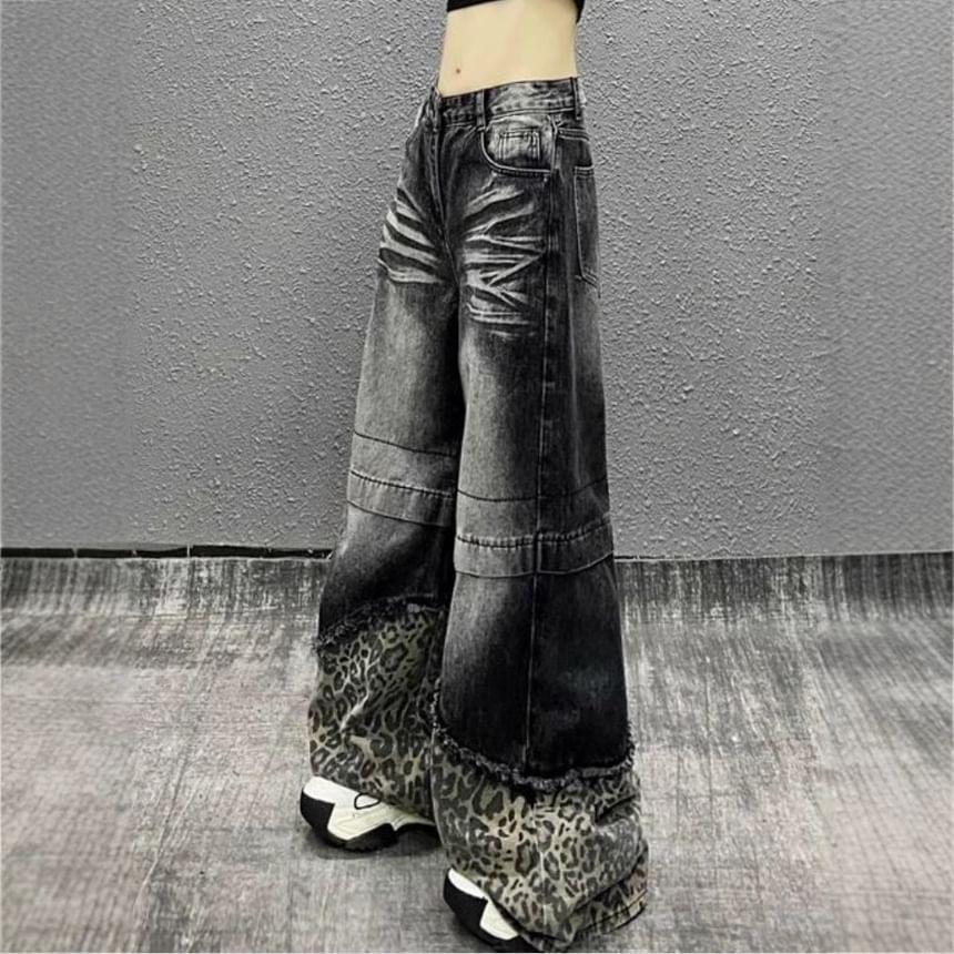 High Waist Leopard Print Wide Leg Jeans Product Image