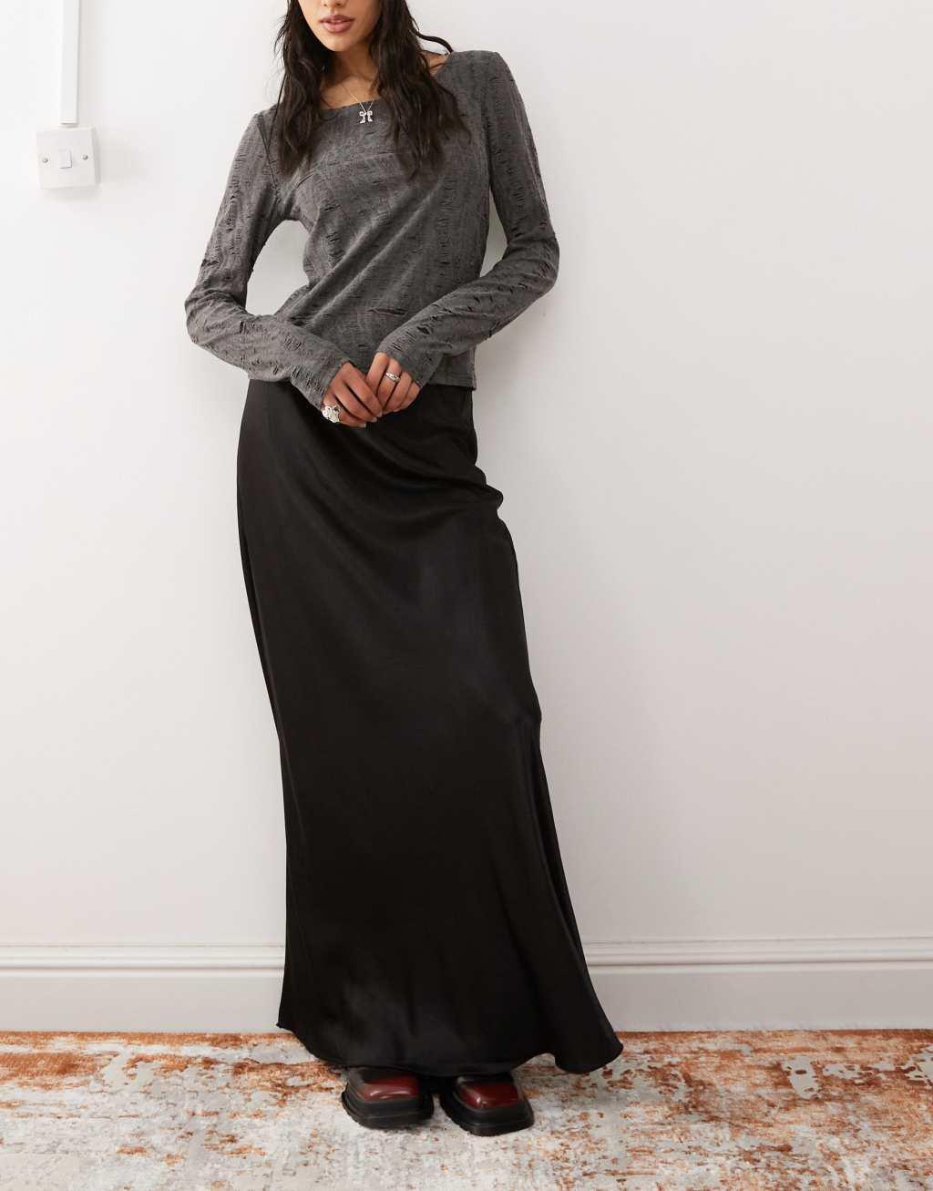 Monki satin bias cut maxi skirt in black Product Image
