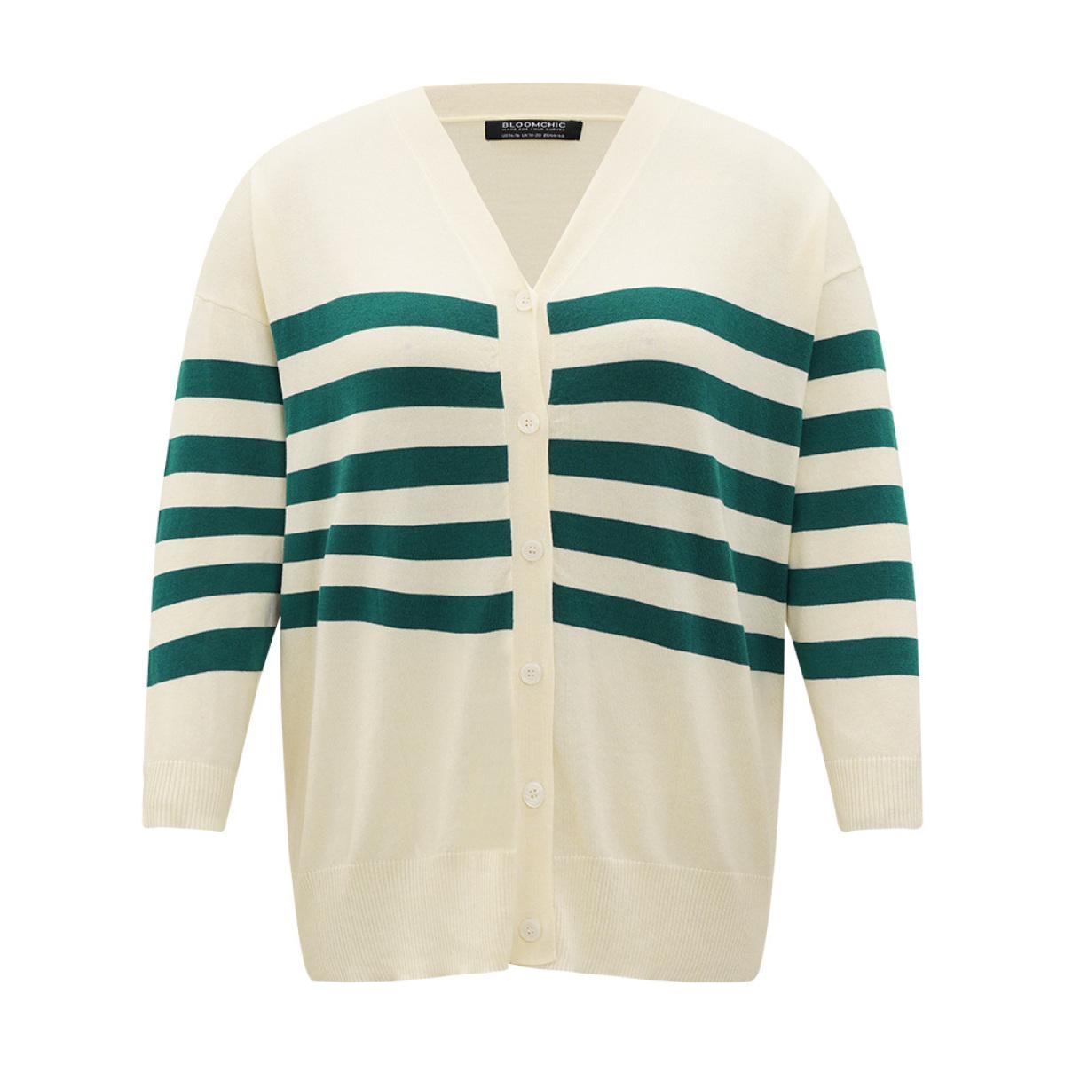 Plus Size Supersoft Essentials Striped Contrast Button Up Cardigan Beige Women Casual Loose Long Sleeve Dailywear Cardigans BloomChic 26/4X Product Image