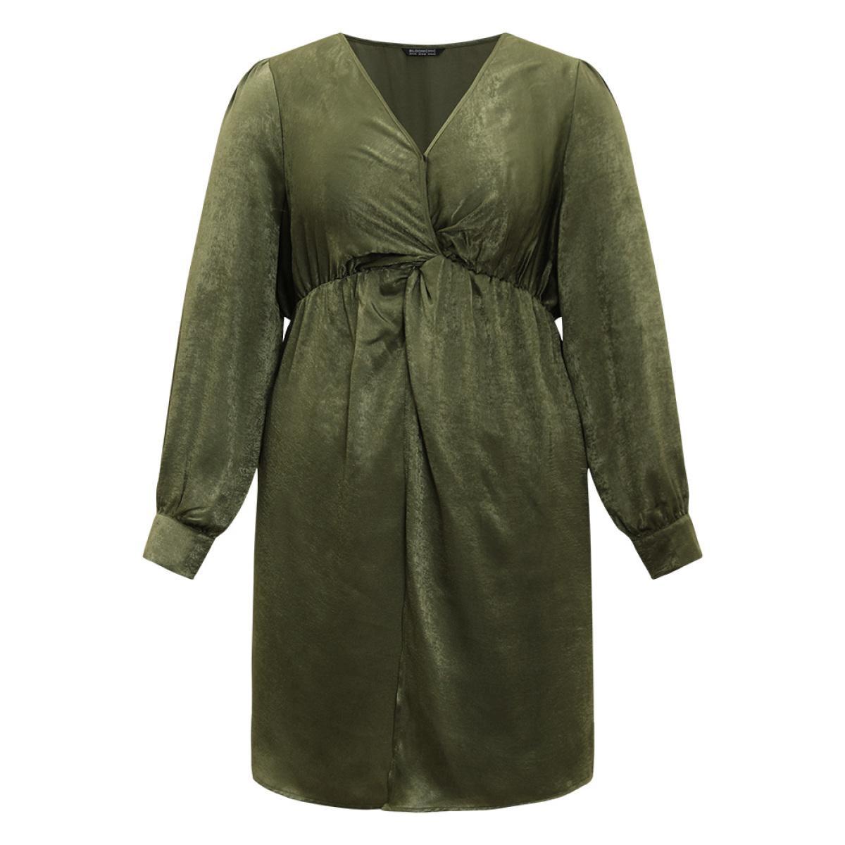 Plus Size Solid Wrap Twist Front Elastic Waist Dress ArmyGreen Women Office Plain V-neck Half Sleeve Curvy Knee Dress BloomChic 30/6X Product Image