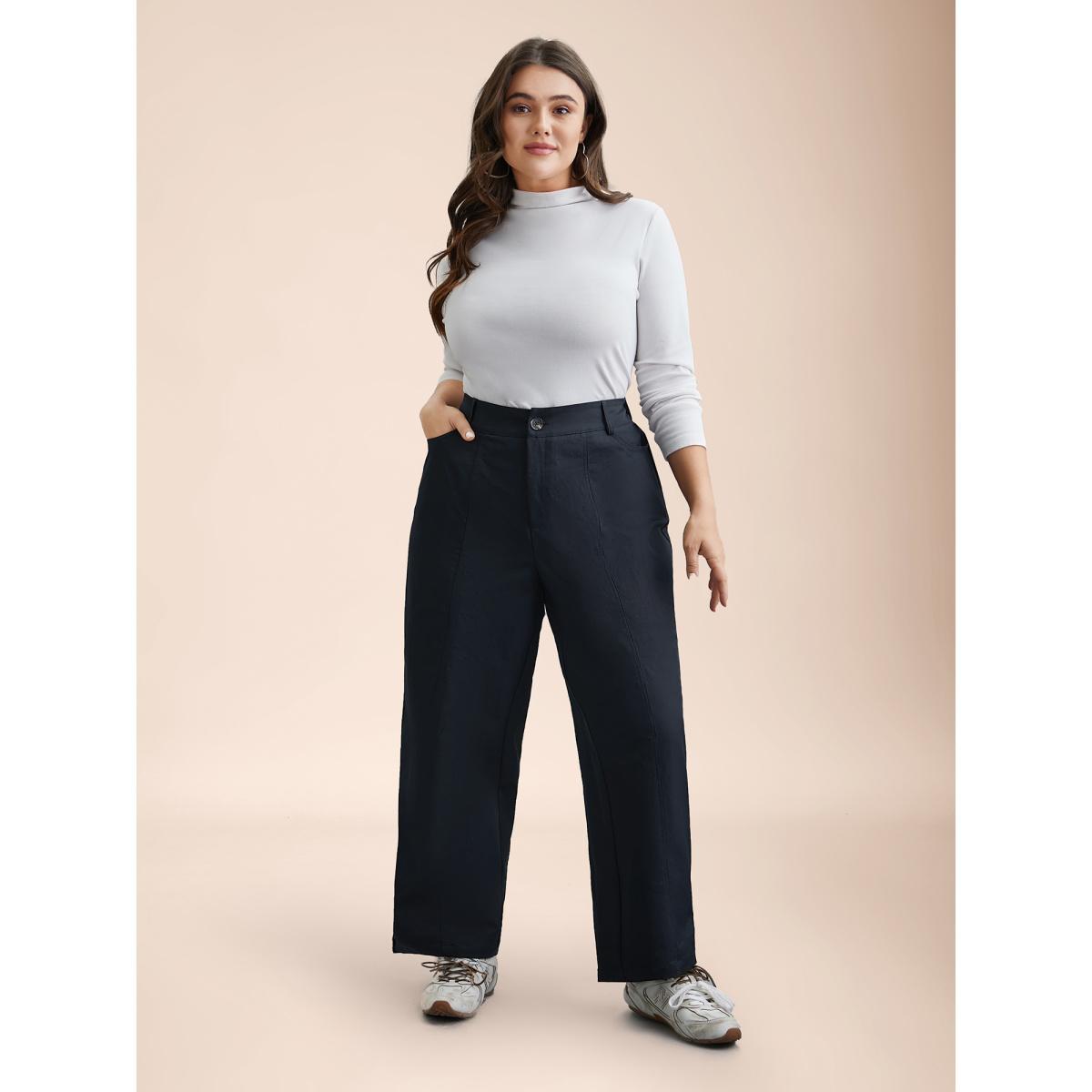 Plus Size Seamed Button Mid-Rise Straight-Leg Pants Women Indigo Casual Straight Leg Mid Rise Everyday Pants BloomChic 14-16/1X Product Image